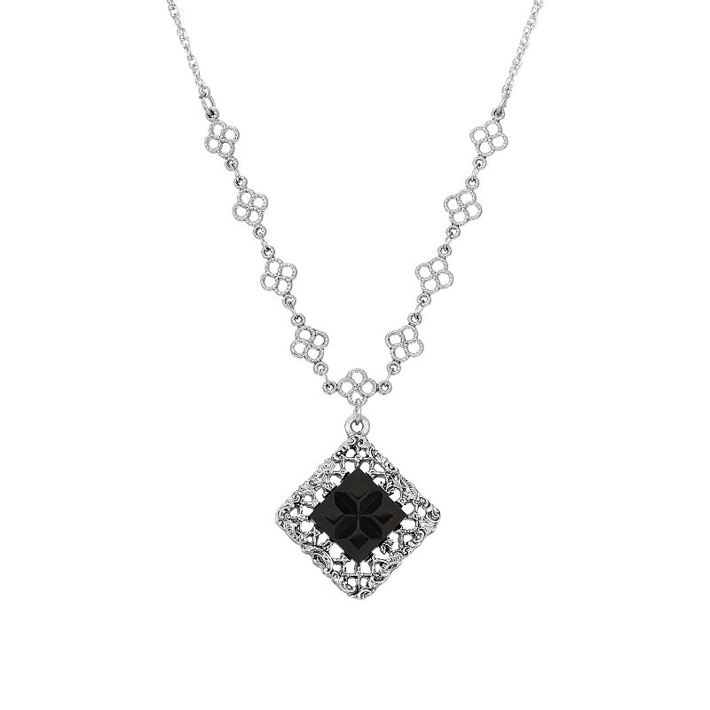 1928 Silver Tone Square Black Stone Necklace, Womens