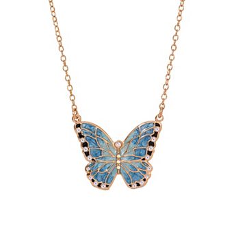 1928 Gold Tone Blue Enamel and Simulated Crystal Butterfly Necklace