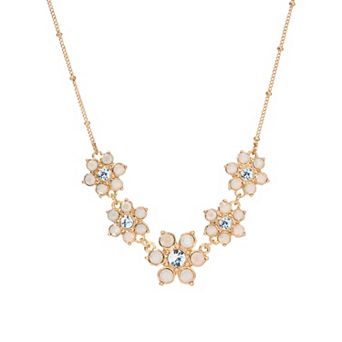 1928 Gold Tone Simulated Opal Flower Collar Necklace