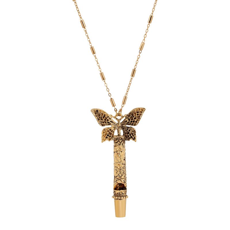 1928 Gold Tone Whistle Butterfly Pendant Necklace, Womens