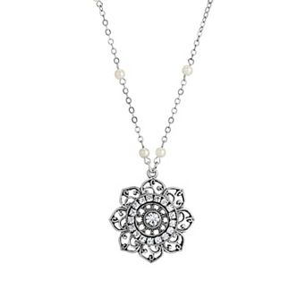 1928 Silver Tone Flower Simulated Crystal Necklace