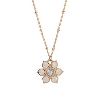 1928 Gold Tone Simulated White Opal Crystal Flower Necklace