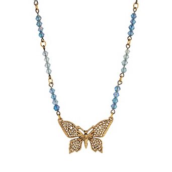 1928 Gold Tone Blue Butterfly Necklace