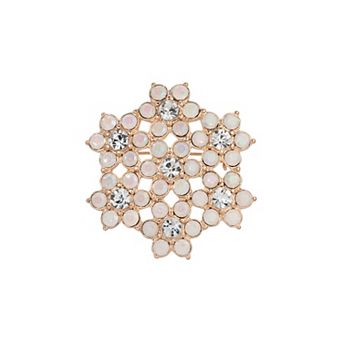 1928 Gold Tone Simulated White Opal Crystal Flower Brooch