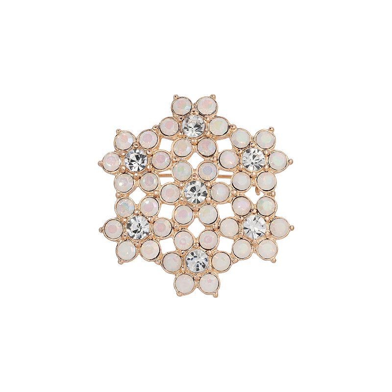 1928 Gold Tone Simulated White Opal Crystal Flower Brooch, Womens