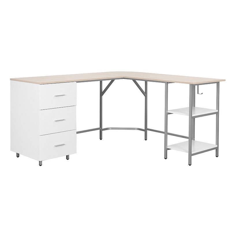 L Shape Home Office Two-Tone Desk with Storage Light Brown - Techni Mobili: Engineered Wood, Steel Frame, Open Shelves