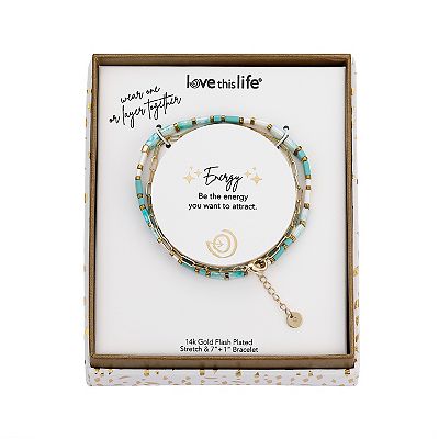 Love This Life Chain Link Bracelet Blue Glass Tile Stretch Bracelet Duo Set