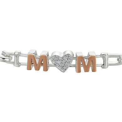 Brilliance 14k Two-Tone Rose Gold Flash-Plated Crystal "MOM" Heart Catch Bangle Bracelet