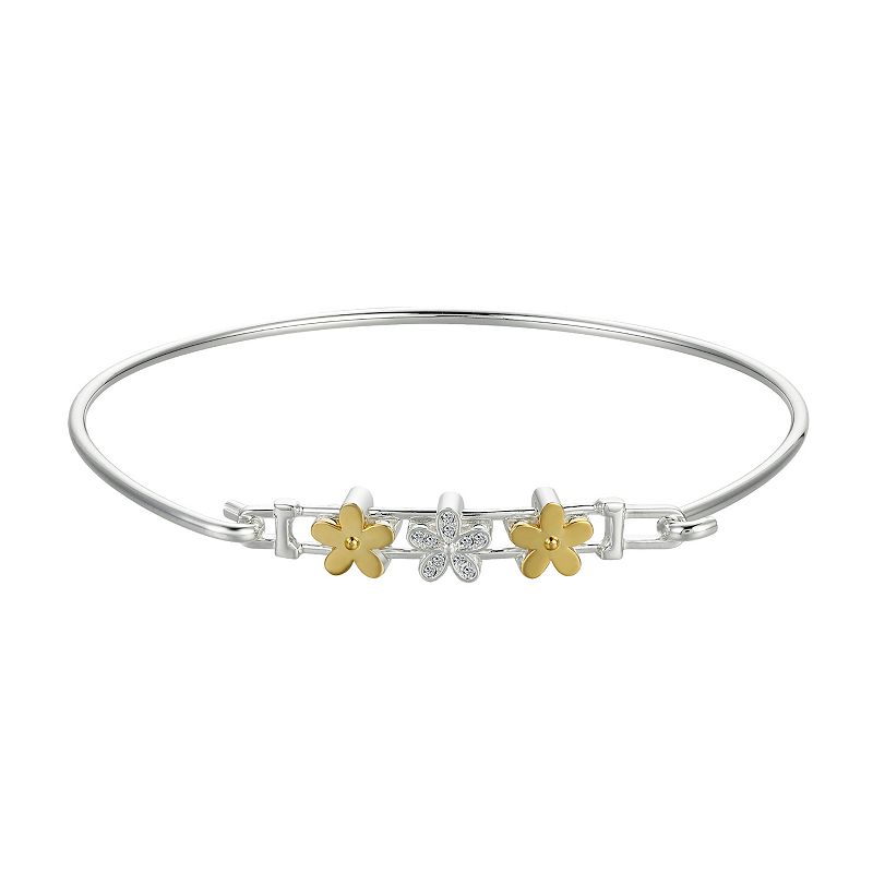 Brilliance 14k Two-Tone Gold Flash-Plated Crystal Triple Flower Catch Bangl