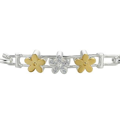 Brilliance 14k Two-Tone Gold Flash-Plated Crystal Triple Flower Catch Bangle Bracelet