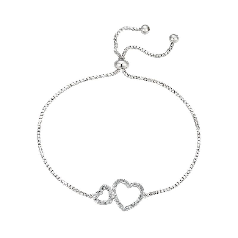 Brilliance Fine Silver Plated Crystal Double Open Heart Adjustable Bracelet