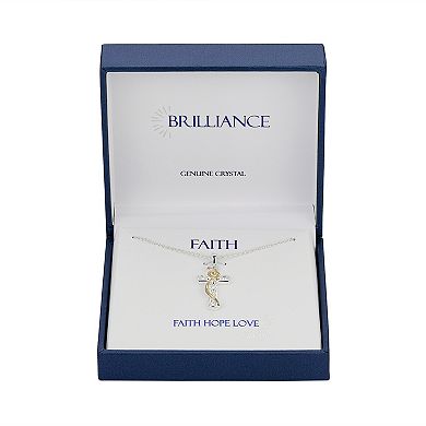Brilliance Fine Silver & 14k Gold Flash-Plated Crystal Cross & Crawling Heart Pendant Necklace with Extender