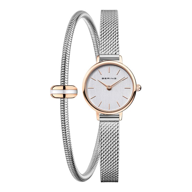 BERING Women's Two Tone Watch & Matching Charm Bracelet Set, Size: XS, Silver Tone