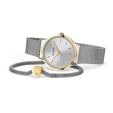 BERING Women's Two Tone Watch & Cubic Zirconia Heart Charm Bracelet Set