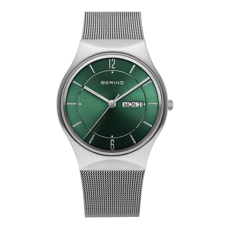 BERING Mens Classic Day-Date Stainless Green Sunray Dial Milanese Strap Wa