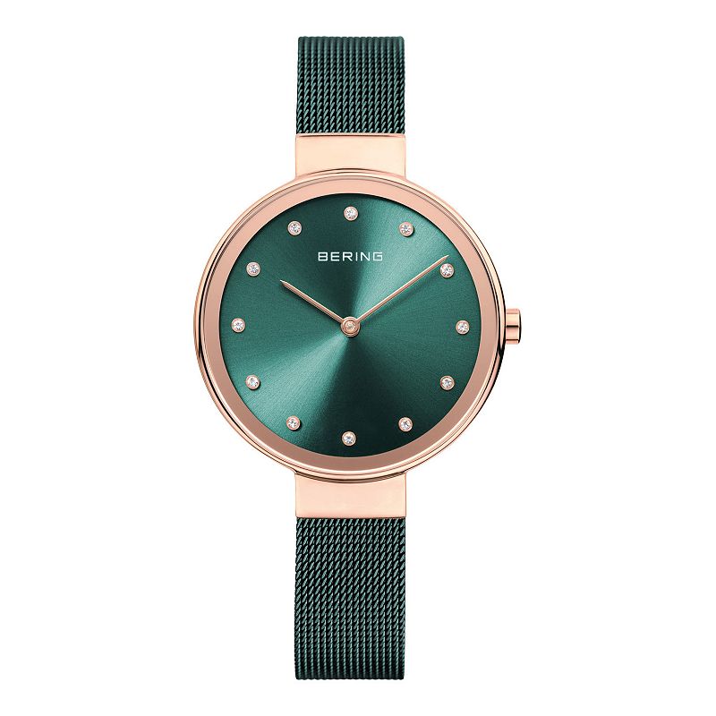 Berring Womens Rose-Tone 34mm Case & Green Milanese Strap Watch, Size: Med
