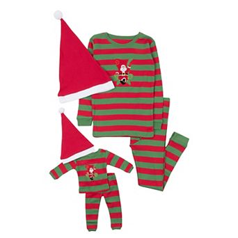 Leveret Girls & Doll Cotton Pajamas Striped Santa Red & Green with Hat 4 Year