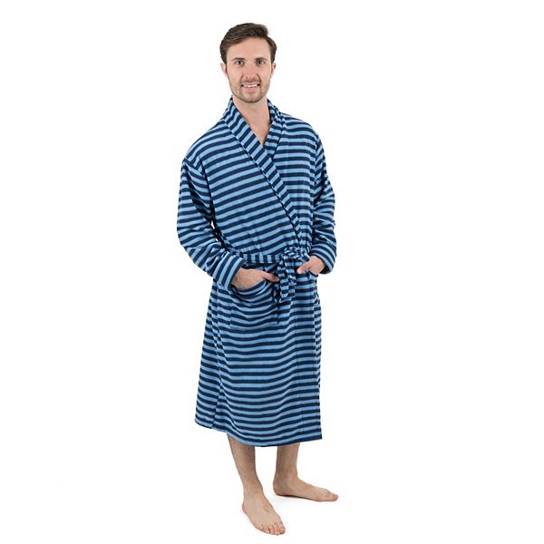 Leveret Mens Fleece Robe Blue and Navy Striped
