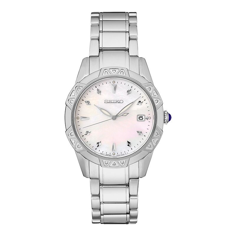 Women's Seiko Stainless Steel Quartz Diamonds Mother-of-pearl Dial Watch - SKK727, Size: Medium, M Of White