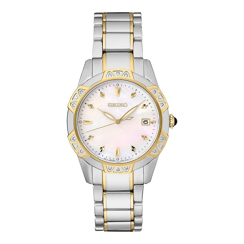 Seiko Two Tone Mother-of-Pearl Dial Bracelet Watch - SKK728, Women's, Size: Medium, M Of White