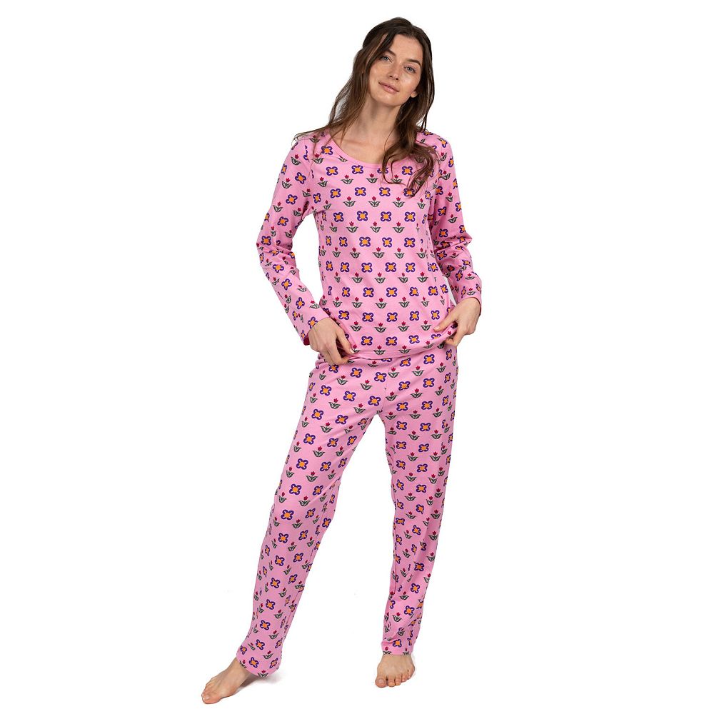 Two Piece Cotton Pajama Set For Women Relaxed Fit Loose Violet Crew Neck Tee And Printed Pants main image 1