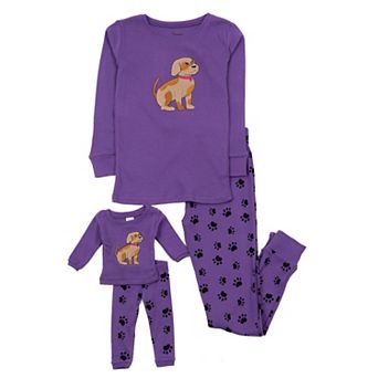 Leveret Girls and Doll Cotton Pajamas Dog Paw Purple