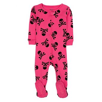 Leveret Kids Footed Cotton Pajama Pink Skulls
