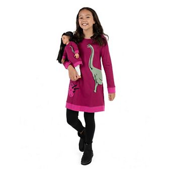 Leveret Girls and Doll Cotton Dress Dinosaur