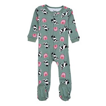Leveret Kids Footed Cotton Pajama Cow Green