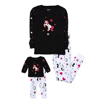 Leveret Girls and Doll Cotton Pajamas Unicorn Black