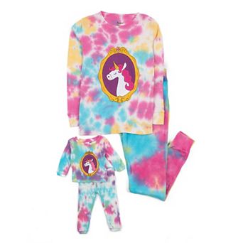 Leveret Girls and Doll Cotton Pajamas Tie Dye Unicorn Rainbow
