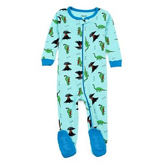 Leveret Kids Footed Cotton Pajama Dinosaur Blue