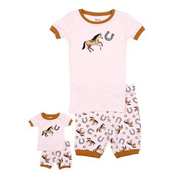 Leveret Girls and Doll Short Pajamas Pink Horse