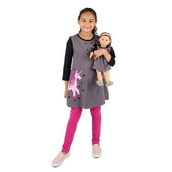 Leveret Girls and Doll Cotton Dress Unicorn with stars