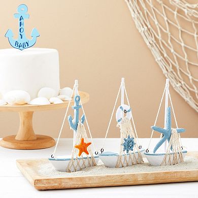 Set Of 4 Mini Wooden Sailboat Models For Beach Nautical Home Decor, Miniature Boat Decorations