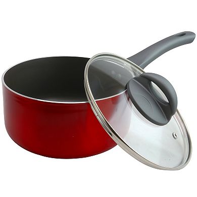 Oster Cocina Herscher 2.5 Quart Aluminum Sauce Pan with Tempered Glass Lid in Red
