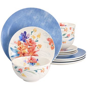 Spice by Tia Mowry Goji Blossom 12 pc Fine Ceramic Dinnerware Set in Blue