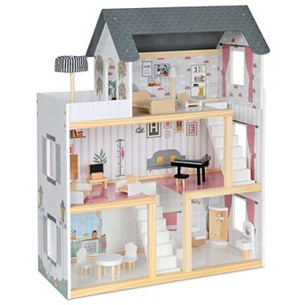 Lil Jumbl Kids 3-Floor Wooden Dollhouse with 2 Staircases and 17 pc