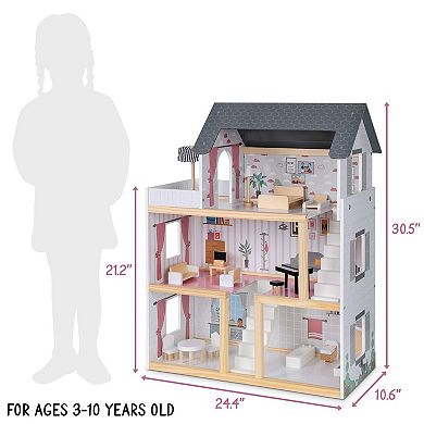Lil Jumbl Kids 3-Floor Wooden Dollhouse with 2 Staircases and 17-Piece