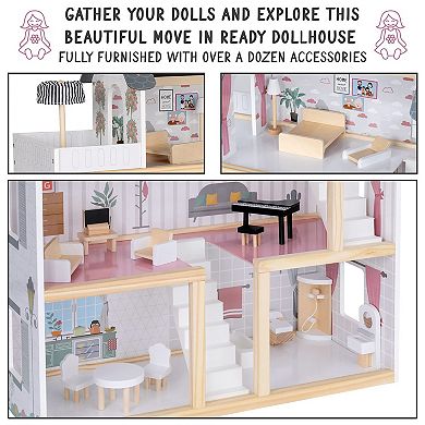 Lil Jumbl Kids 3-Floor Wooden Dollhouse with 2 Staircases and 17-Piece