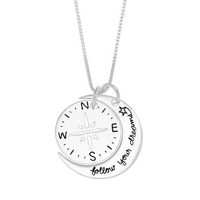 Timeless Sterling Silver "Follow Your Dreams" Compass Charm Pendant Necklace