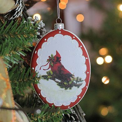 5” White and Burgundy Cardinal with Holy and Berry Glittered Christmas Tree Ornament