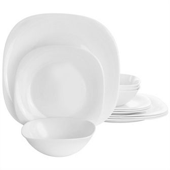 Ultra Plazza 12 pc Tempered Opal Glass Dinnerware Set in White