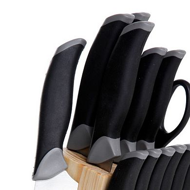 Oster Cocina Lingbergh 14 Piece Stainless Steel Cutlery Knife Set with Pine Wood Block