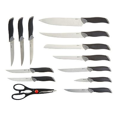 Oster Cocina Lingbergh 14 Piece Stainless Steel Cutlery Knife Set with Pine Wood Block
