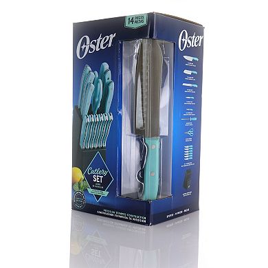 Oster Cocina Steffen 14 Piece Stainless Steel Cutlery Set with Storage Block in Blue