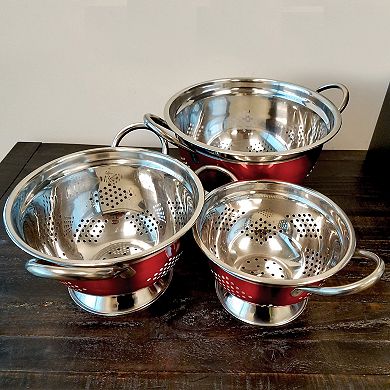 Oster Cocina Metaline 3 Pack Round Asian Colander, Metallic Red