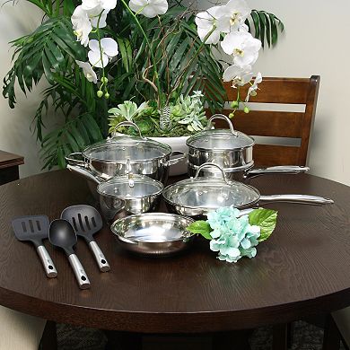 Oster Cocina Ridgewell 13 piece Stainless Steel Belly Shape Cookware Set in Silver Mirror Polish with Hollow Handle