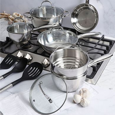 Oster Cocina Ridgewell 13 piece Stainless Steel Belly Shape Cookware Set in Silver Mirror Polish with Hollow Handle