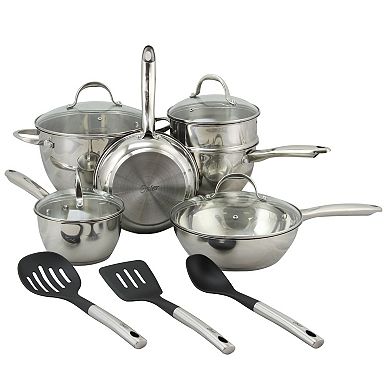 Oster Cocina Ridgewell 13 piece Stainless Steel Belly Shape Cookware Set in Silver Mirror Polish with Hollow Handle